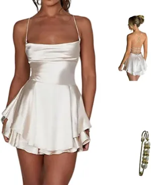 Sexy Strappy Backless Strapless Dress Elegant Satin A Line Mini Dresses for Women Summer Sleeveless Jumpsuits Dress