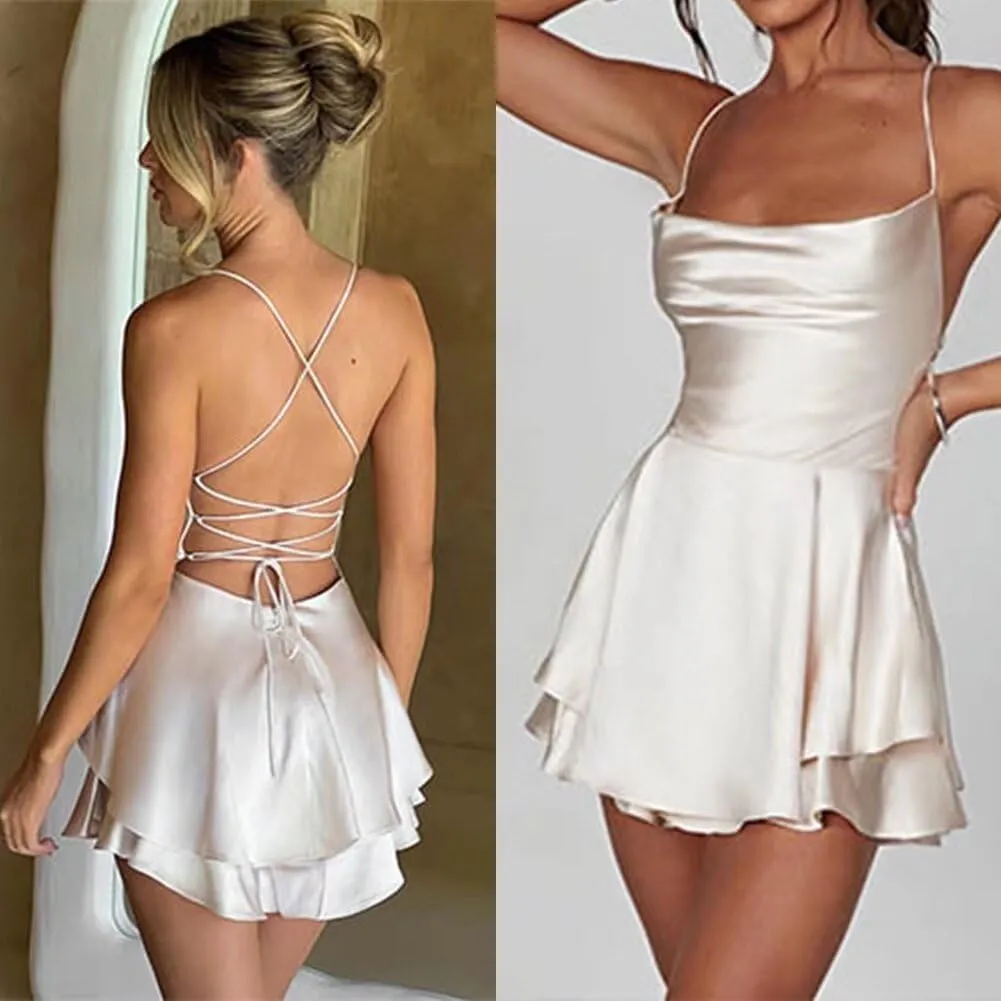 Sexy Strappy Backless Strapless Dress Elegant Satin A Line Mini Dresses for Women Summer Sleeveless Jumpsuits Dress