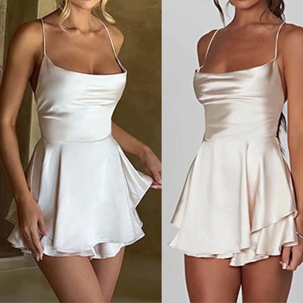 Sexy Strappy Backless Strapless Dress Elegant Satin A Line Mini Dresses for Women Summer Sleeveless Jumpsuits Dress