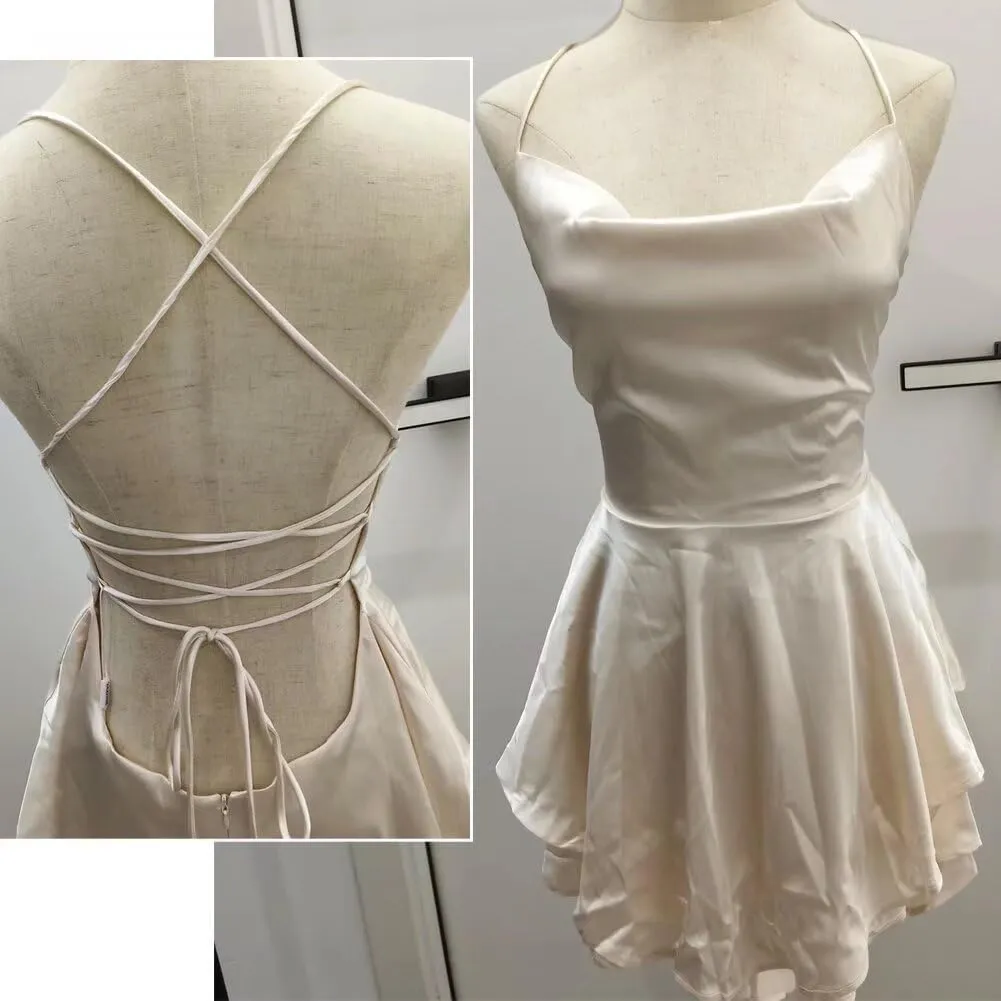 Sexy Strappy Backless Strapless Dress Elegant Satin A Line Mini Dresses for Women Summer Sleeveless Jumpsuits Dress