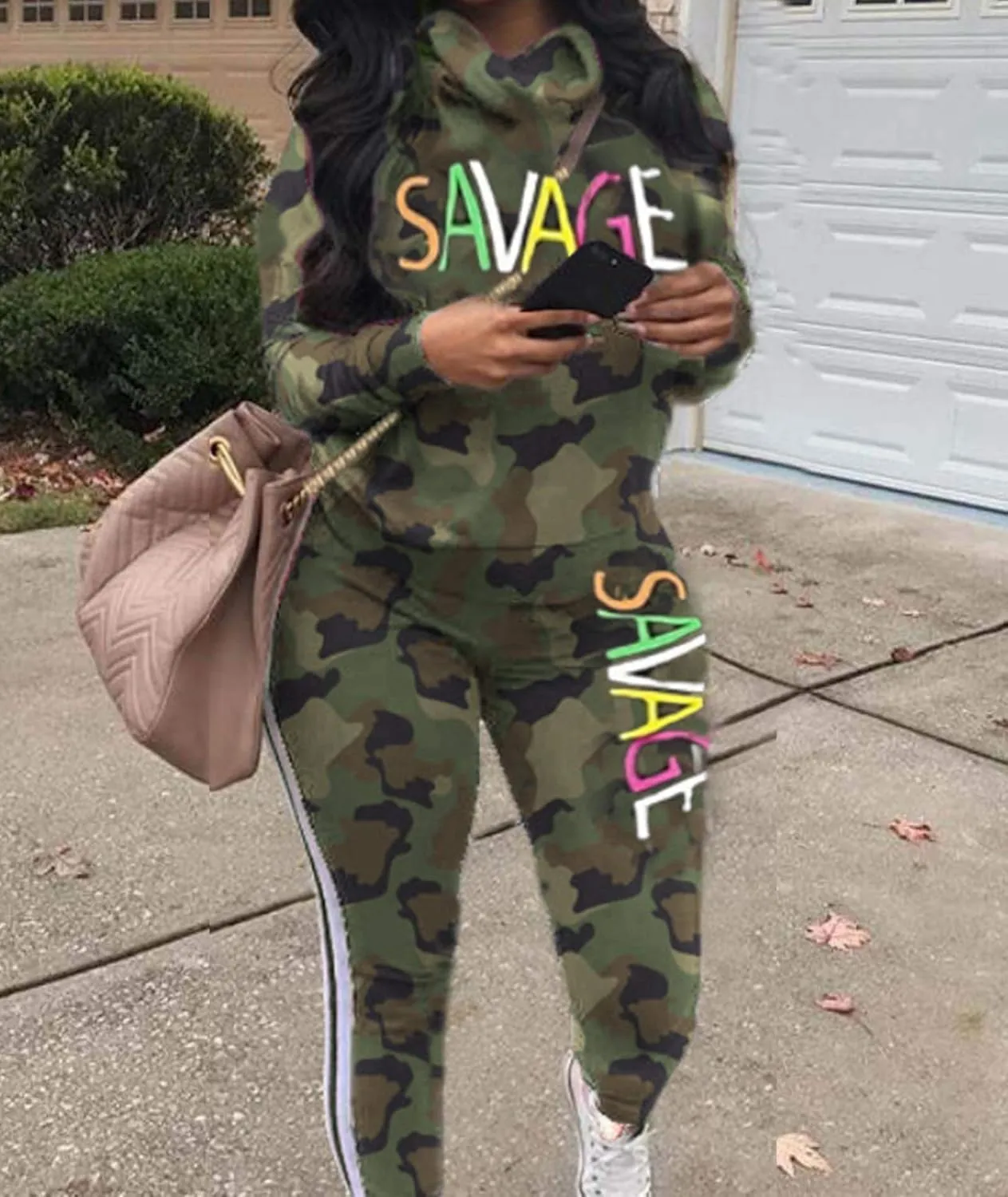 Sexyshine Women's Casual 2 Piece Camouflage Letter Print Outfits Pullover Sweatshirt Tops Long Pants Tracksuits Set Plus Size