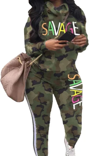 Sexyshine Women's Casual 2 Piece Camouflage Letter Print Outfits Pullover Sweatshirt Tops Long Pants Tracksuits Set Plus Size