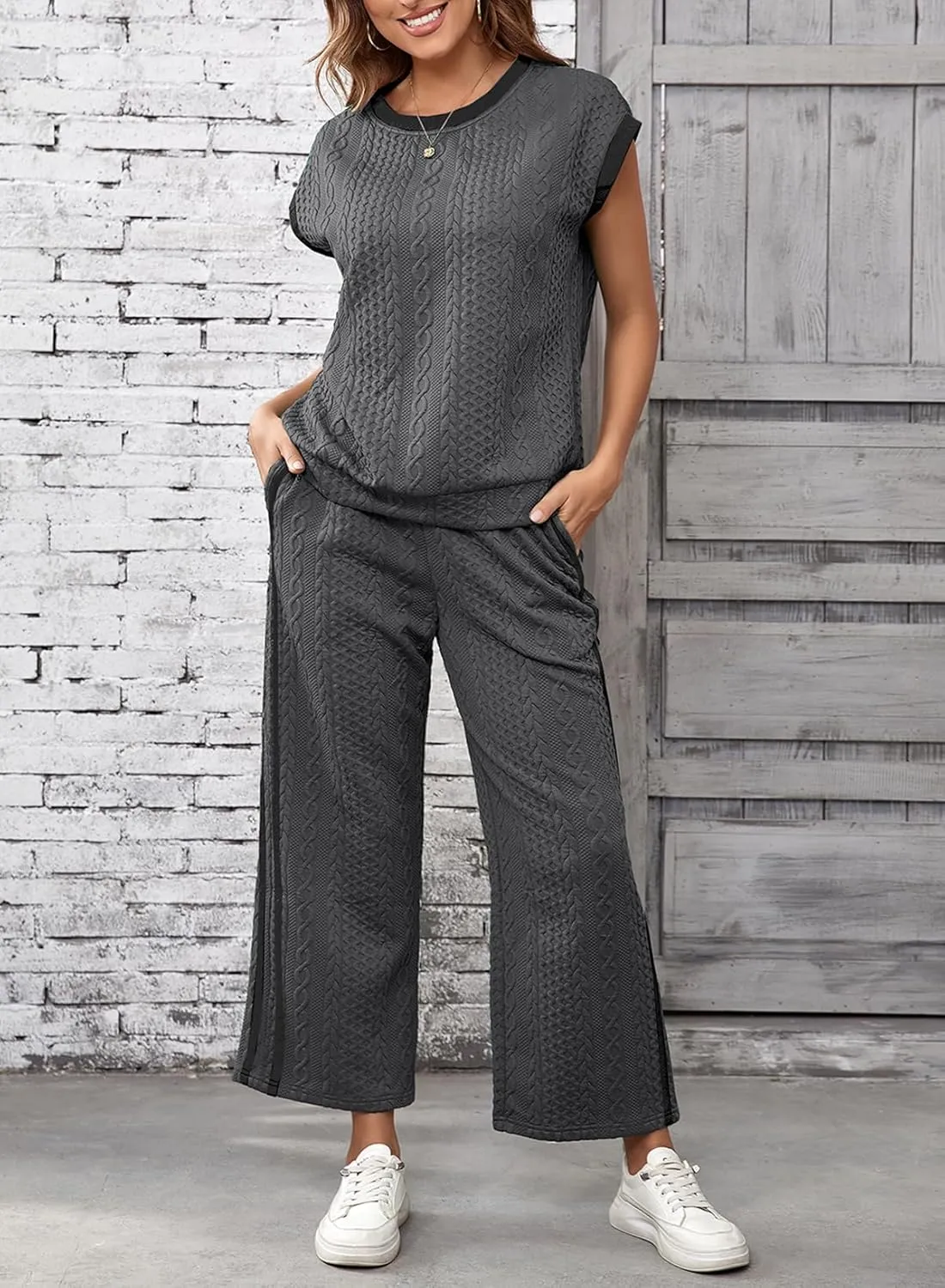SHEWIN Women's 2 Piece Lounge Sets Casual Cap Sleeve Pullover Tops and Drawstring Wide Leg Pants Tracksuit Sets