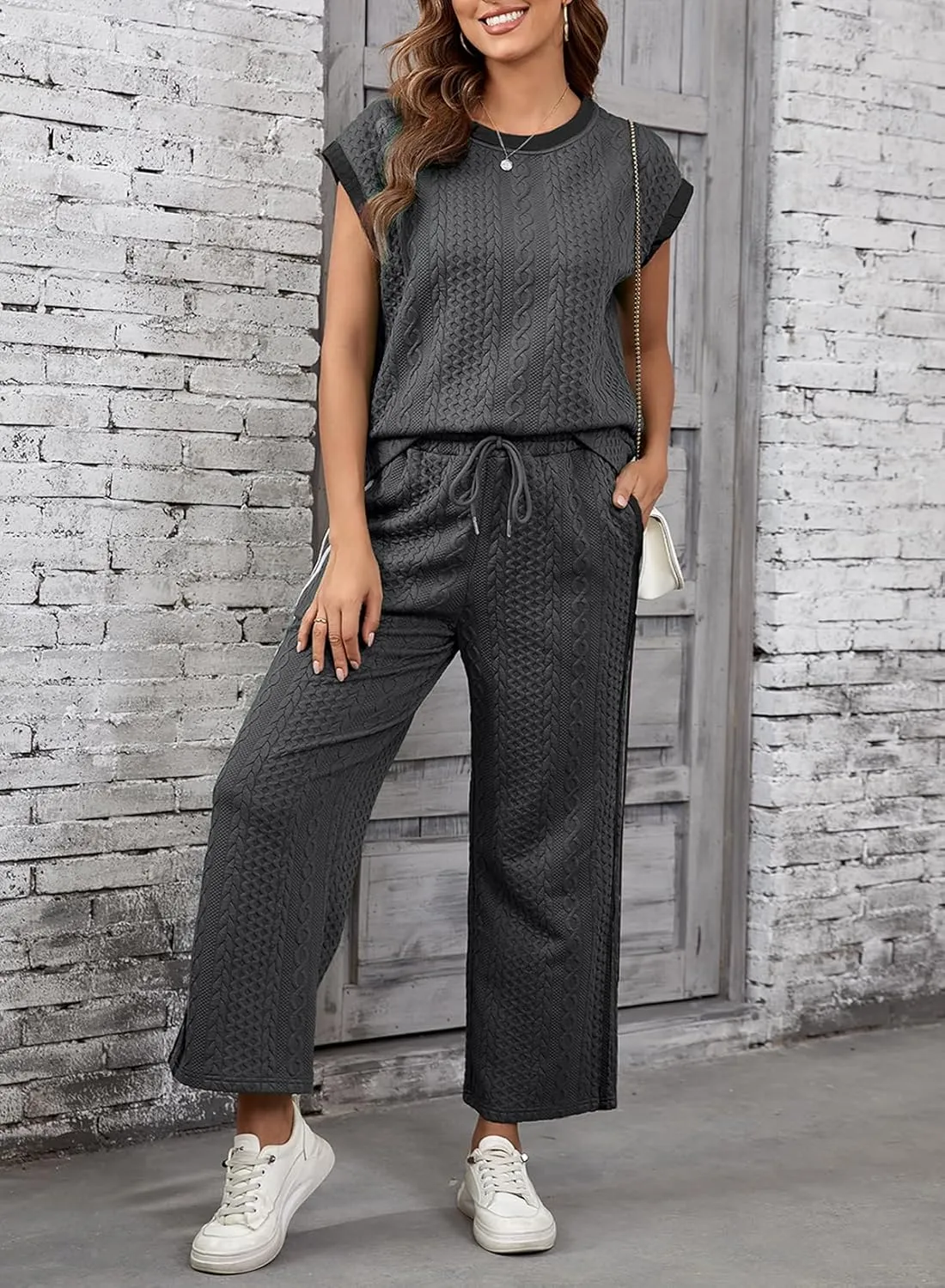 SHEWIN Women's 2 Piece Lounge Sets Casual Cap Sleeve Pullover Tops and Drawstring Wide Leg Pants Tracksuit Sets