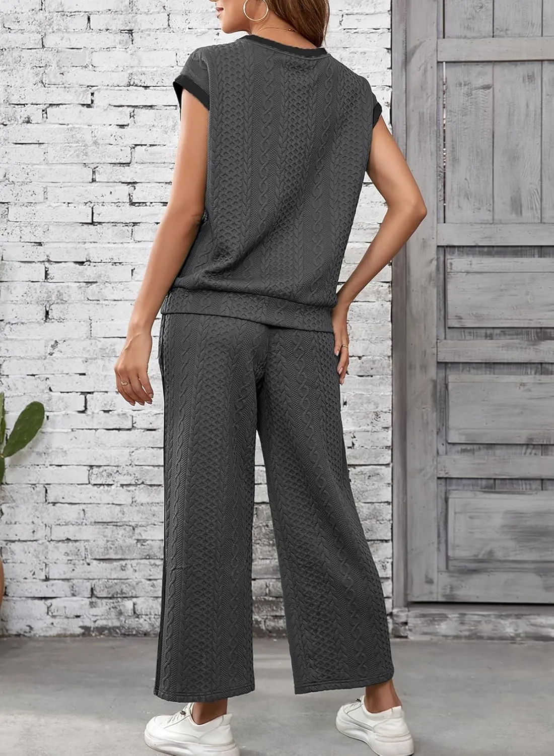 SHEWIN Women's 2 Piece Lounge Sets Casual Cap Sleeve Pullover Tops and Drawstring Wide Leg Pants Tracksuit Sets