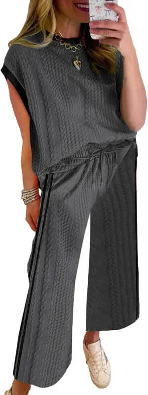 SHEWIN Women's 2 Piece Lounge Sets Casual Cap Sleeve Pullover Tops and Drawstring Wide Leg Pants Tracksuit Sets