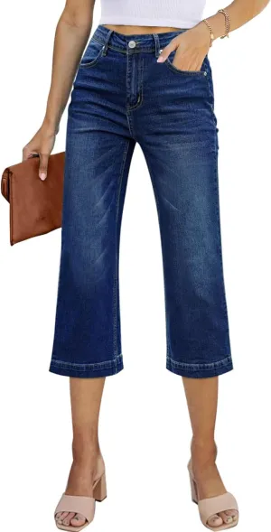 Sidefeel Women's Wide Leg Jeans High Waisted Stretchy Capri Pants