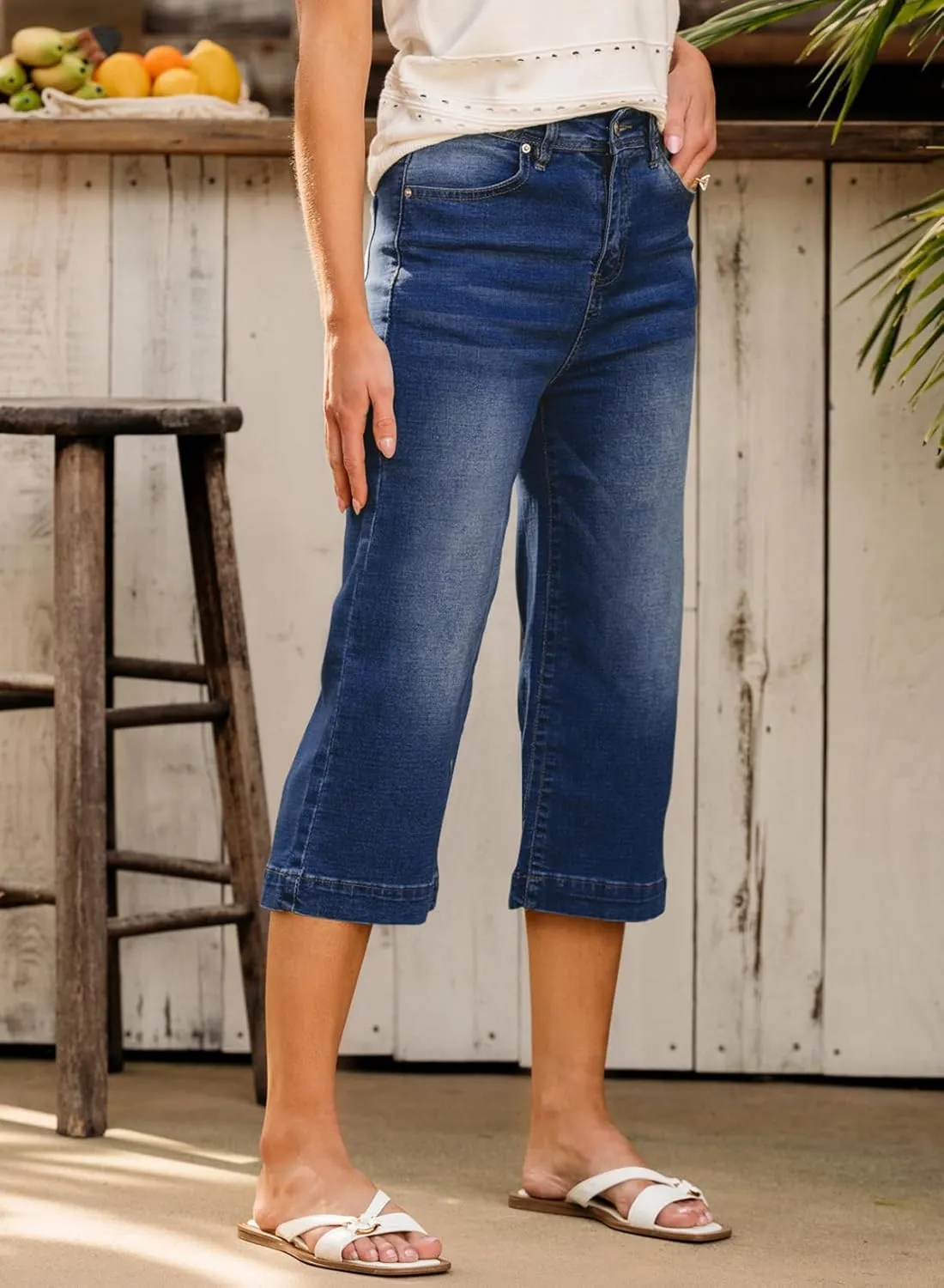 Sidefeel Women's Wide Leg Jeans High Waisted Stretchy Capri Pants