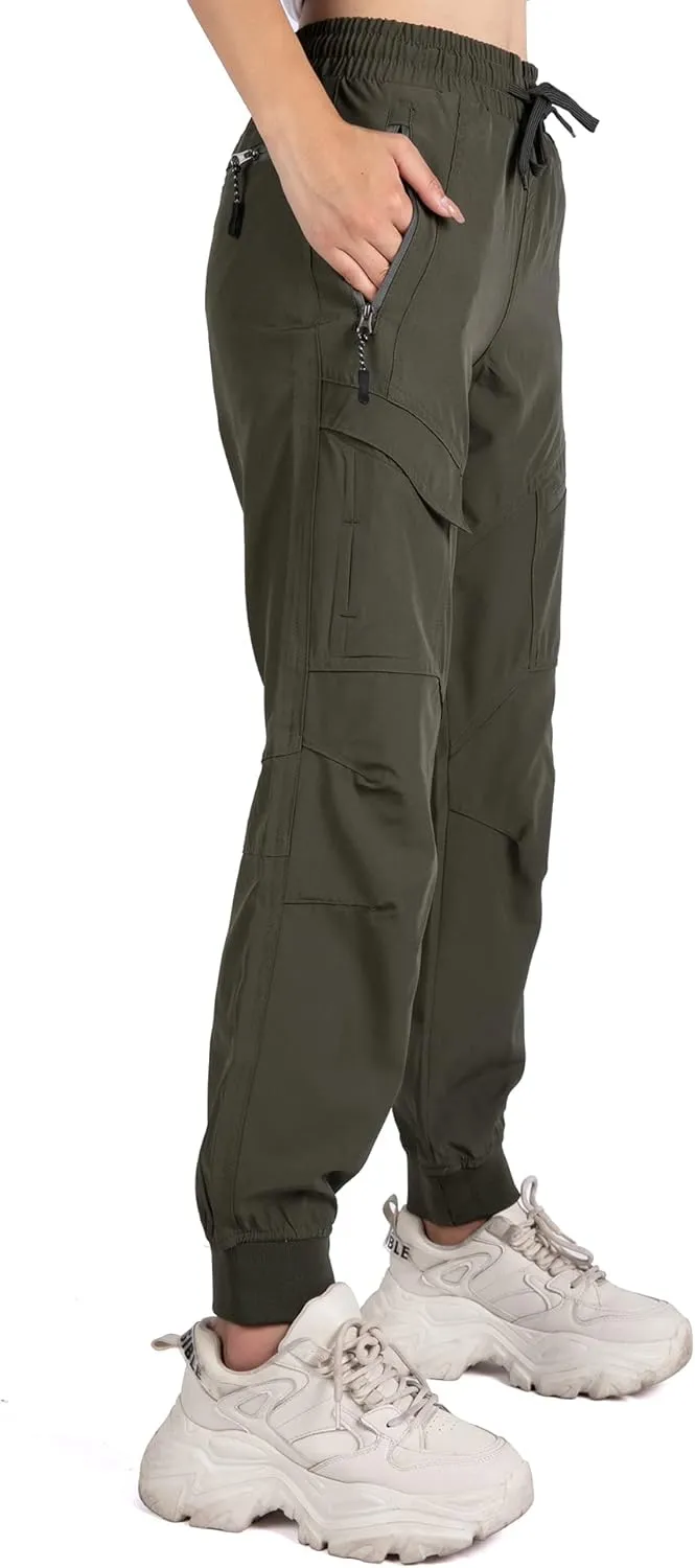 Singbring Women's Athletic Hiking Cargo Joggers Pants Outdoor Workout Lightweight Quick Dry UPF 50 Zipper Pockets