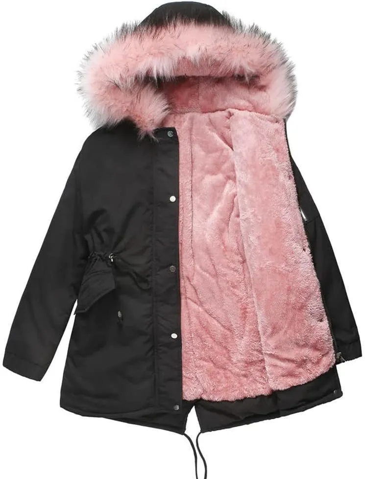 Sister Amy Women Trench Coat Fleece-Lined Mid-length Jacket with Detachable Collar