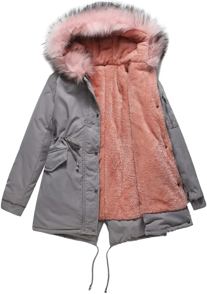 Sister Amy Women Trench Coat Fleece-Lined Mid-length Jacket with Detachable Collar