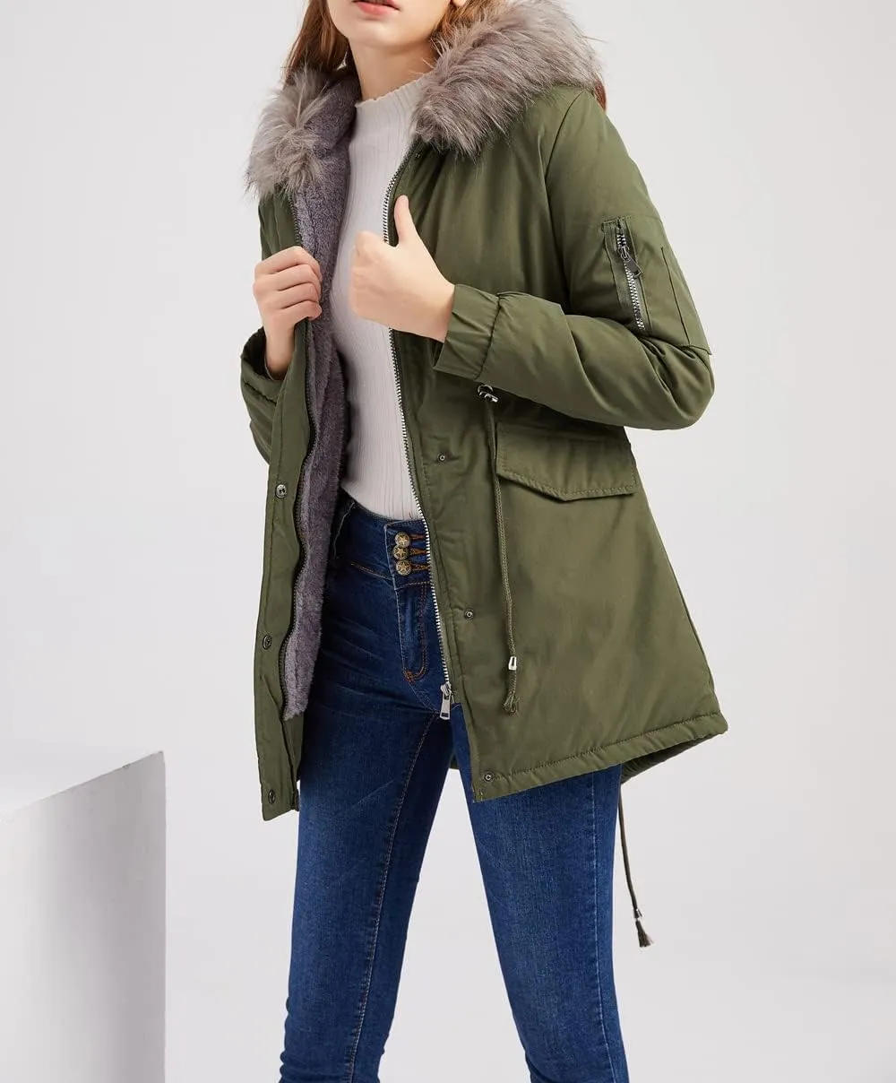Sister Amy Women Trench Coat Fleece-Lined Mid-length Jacket with Detachable Collar