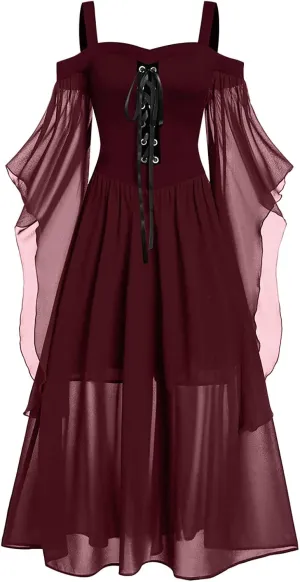 Skeleton Costume Women Tea Dress Halloween Party Dresses Long Sleeve Lace Splicing Swing Goku Black Cosplay Red