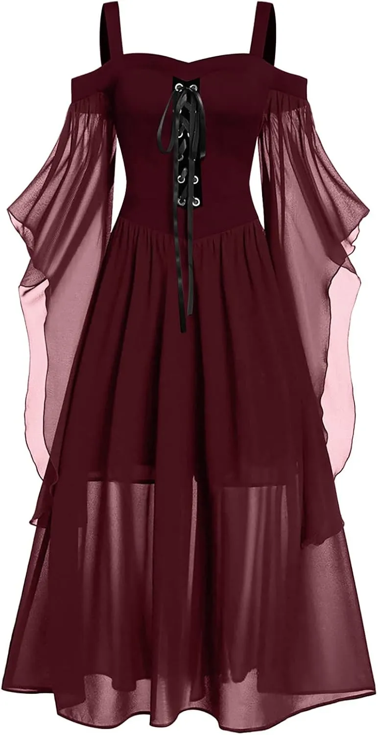Skeleton Costume Women Tea Dress Halloween Party Dresses Long Sleeve Lace Splicing Swing Goku Black Cosplay Red