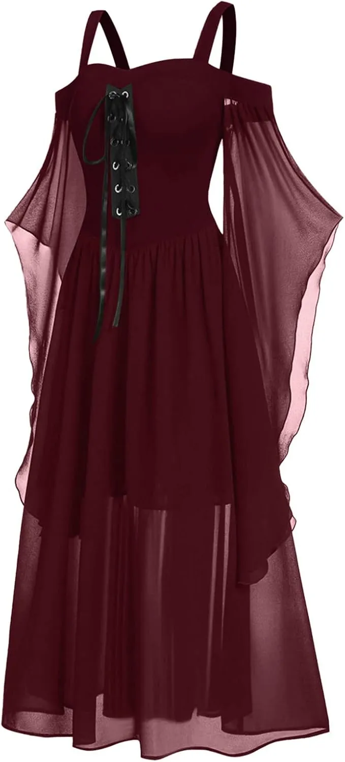 Skeleton Costume Women Tea Dress Halloween Party Dresses Long Sleeve Lace Splicing Swing Goku Black Cosplay Red
