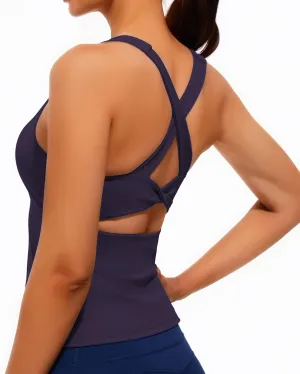 Smooth Workout Tank Top with Built-in Bra Cross Back Athletic Yoga Tops Stretchy Sports Camisole for Gym Pilates
