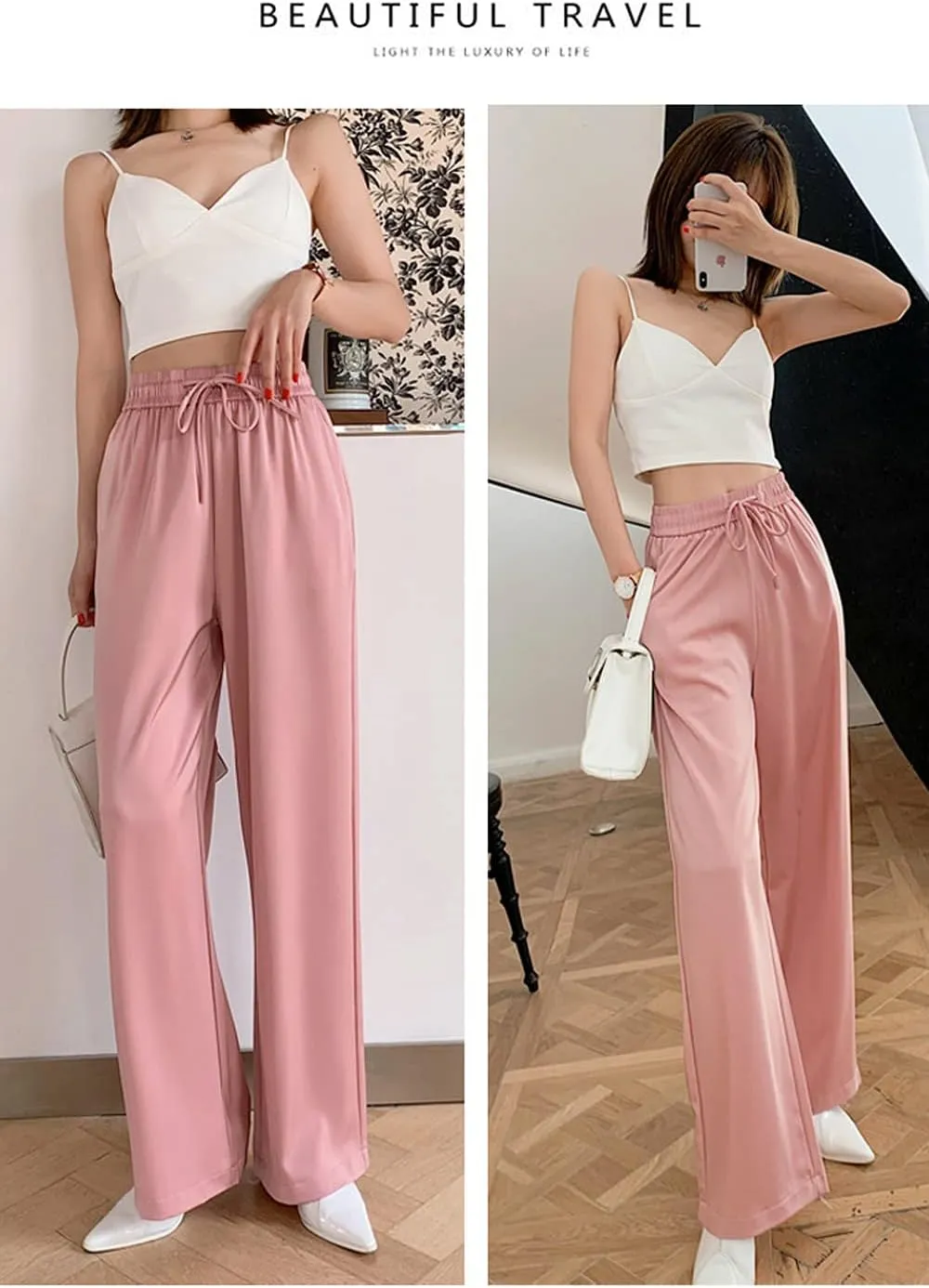 Snoly Women's Summer Ice Silk Pants High Waist Wide Leg Full Length Loose Casual Sweatpants