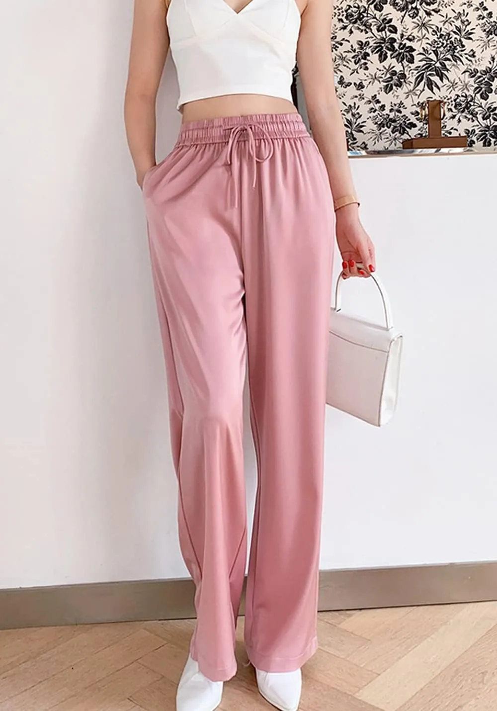 Snoly Women's Summer Ice Silk Pants High Waist Wide Leg Full Length Loose Casual Sweatpants