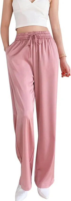 Snoly Women's Summer Ice Silk Pants High Waist Wide Leg Full Length Loose Casual Sweatpants
