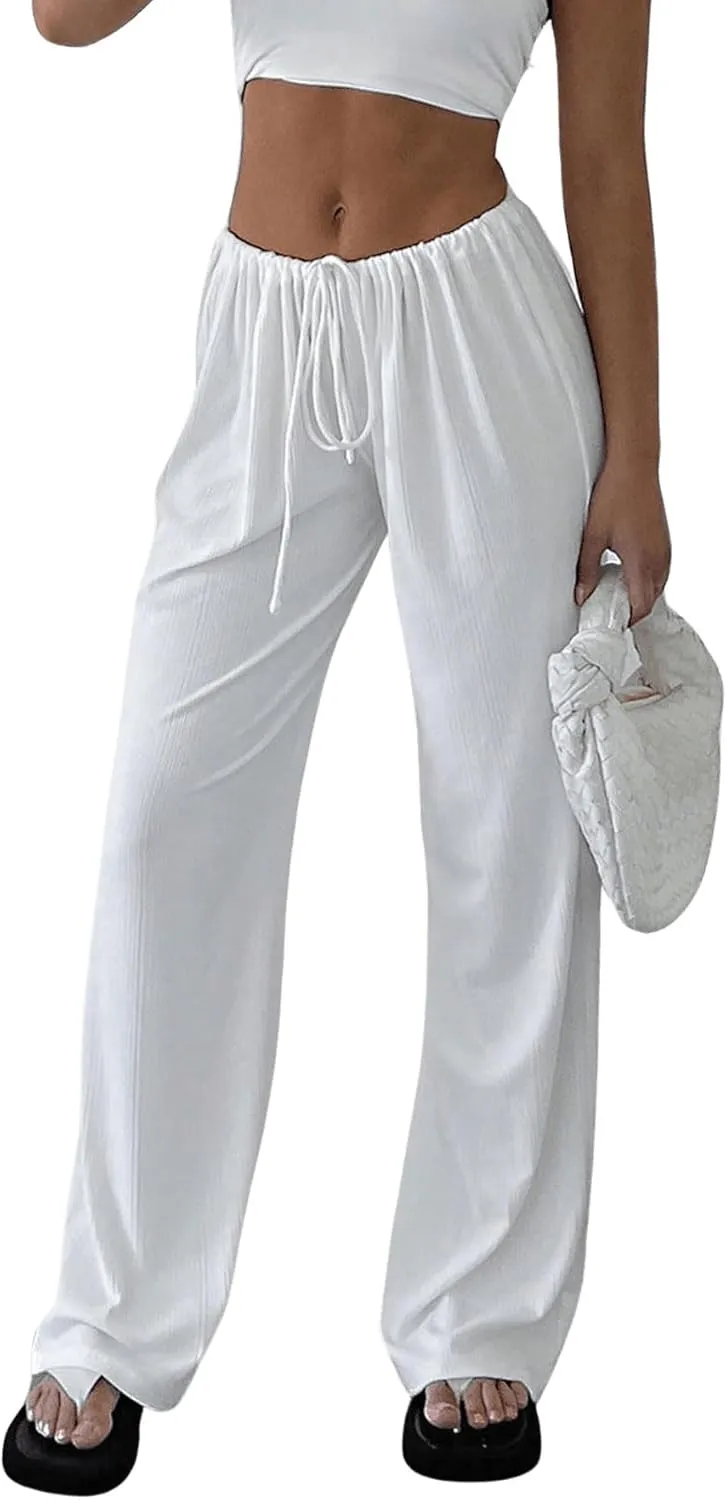 SOLY HUX Women's Drawstring Elastic Waist Wide Leg Pants Casual Loose Long Pants