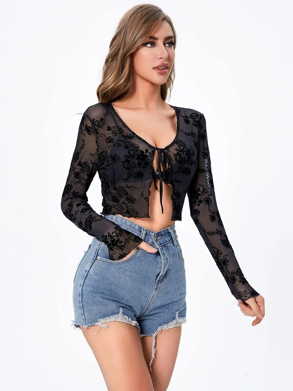 SOLY HUX Women's Long Sleeve Floral Lace Cropped Cardigan Mesh Sheer Tie Front Y2K Crop Tops 2023 Fashion