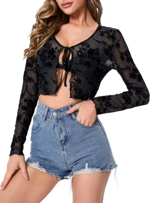 SOLY HUX Women's Long Sleeve Floral Lace Cropped Cardigan Mesh Sheer Tie Front Y2K Crop Tops 2023 Fashion