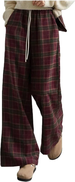 SOLY HUX Women's Plaid Checkered Pants Drawstring High Waisted Baggy Wide Leg Trousers with Pockets
