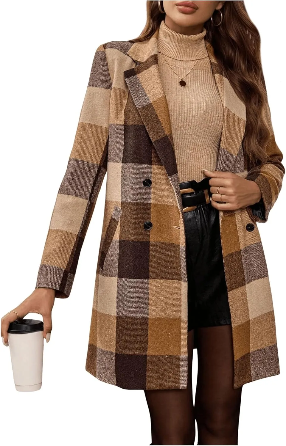 SOLY HUX Women's Plaid Jacket Lapel Double Breasted Long Sleeve Casual Coat with Pockets