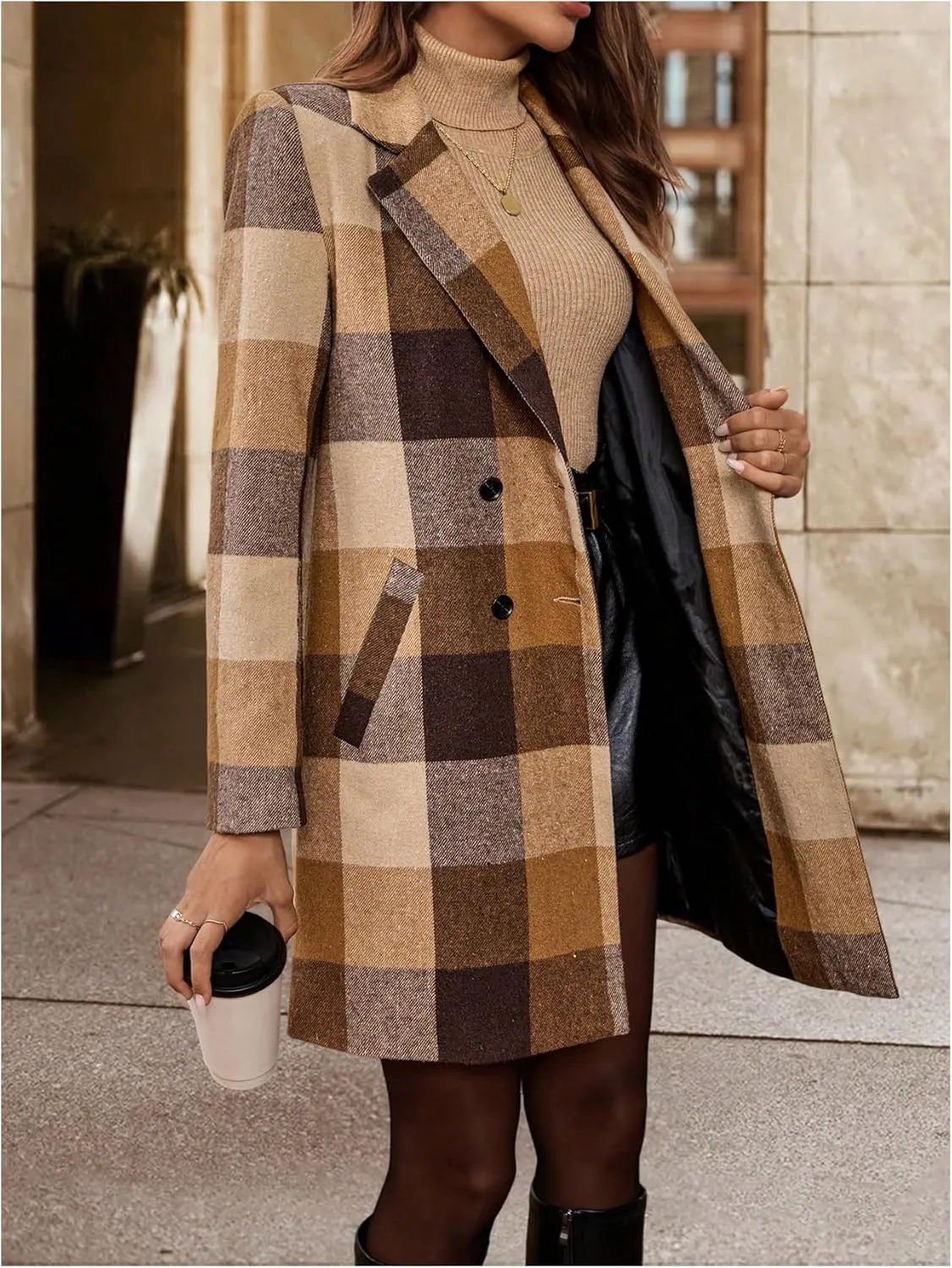 SOLY HUX Women's Plaid Jacket Lapel Double Breasted Long Sleeve Casual Coat with Pockets