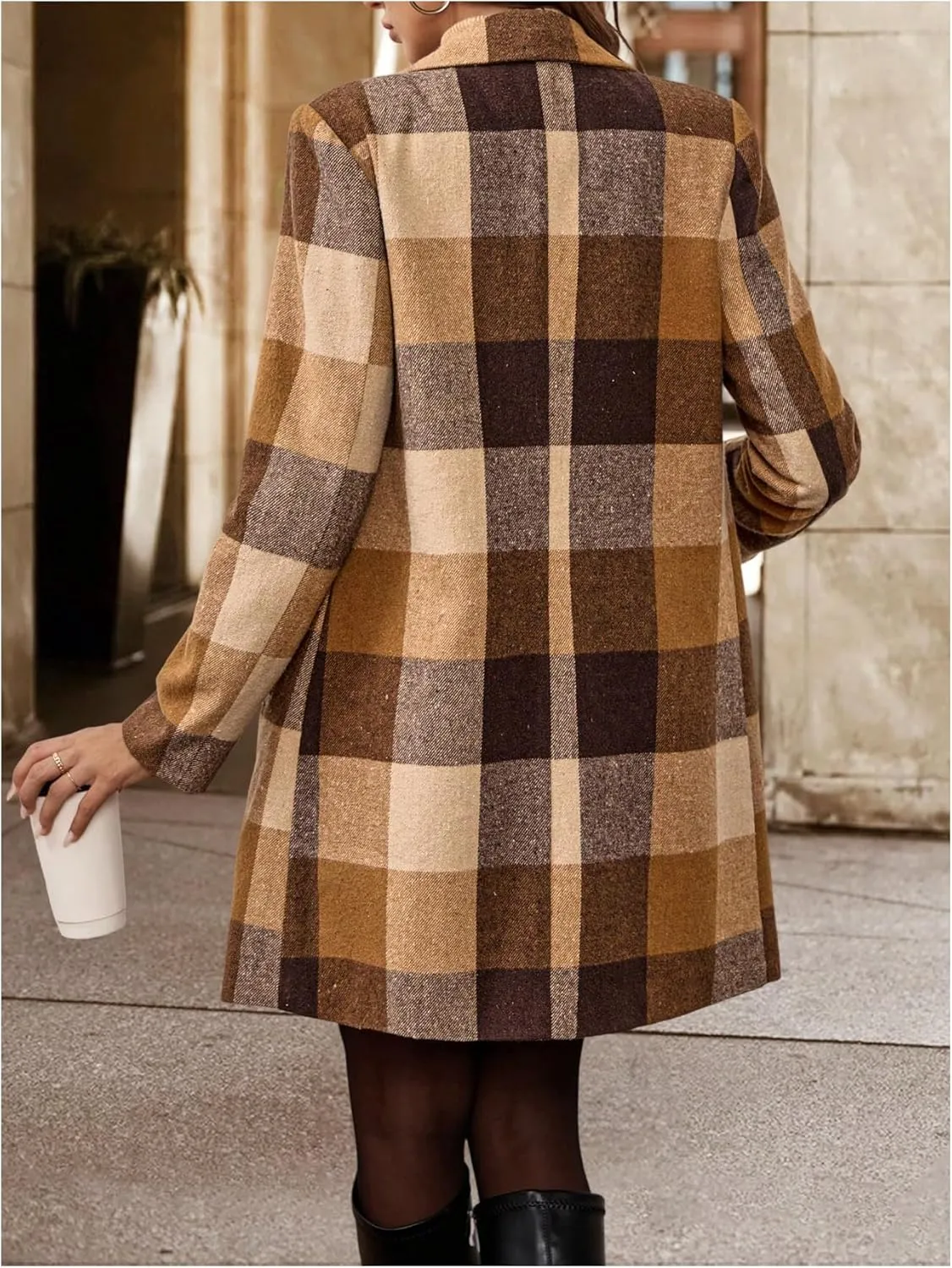 SOLY HUX Women's Plaid Jacket Lapel Double Breasted Long Sleeve Casual Coat with Pockets