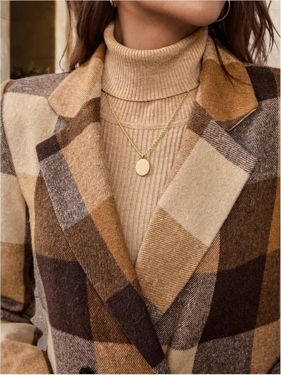SOLY HUX Women's Plaid Jacket Lapel Double Breasted Long Sleeve Casual Coat with Pockets