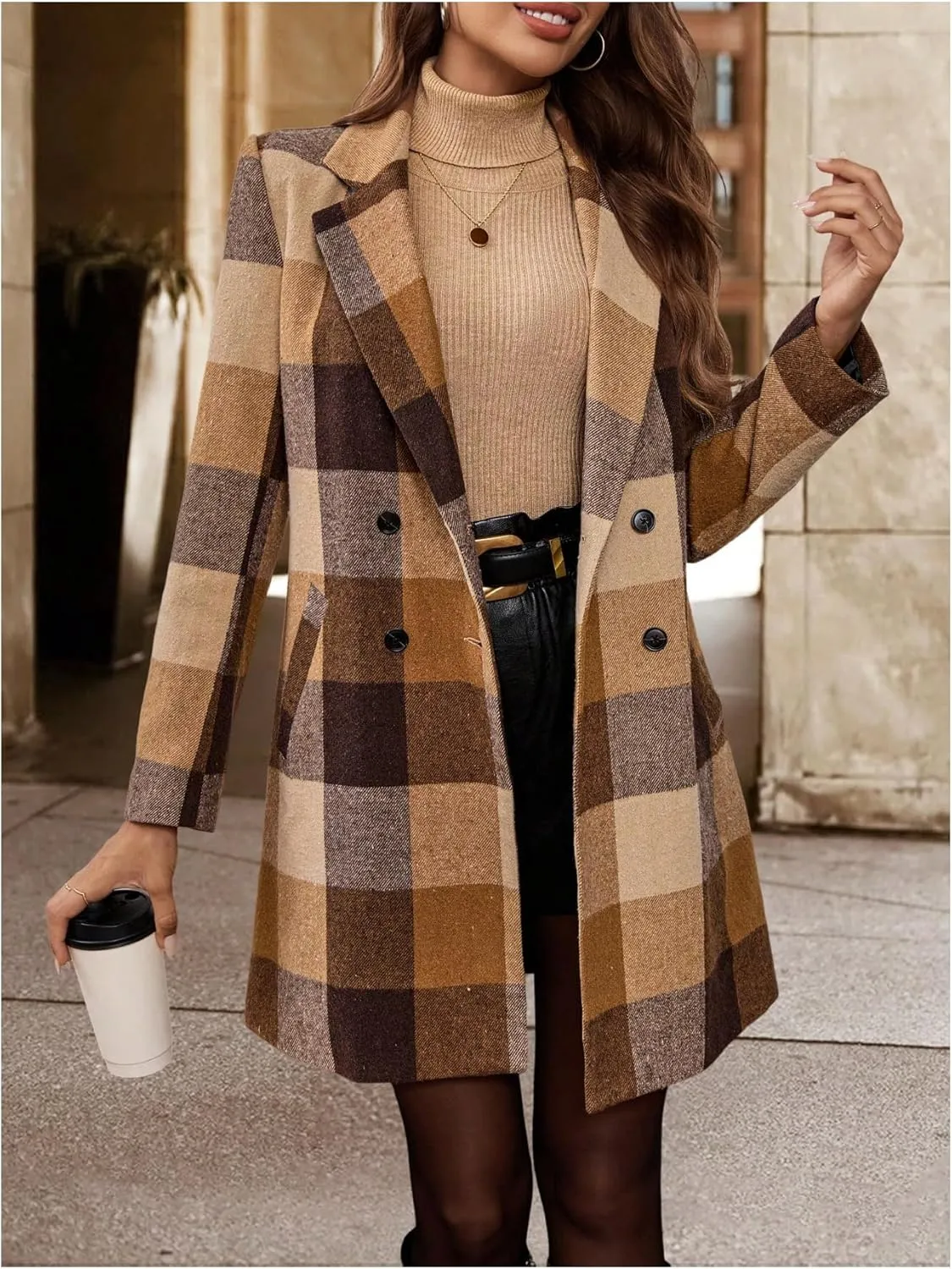 SOLY HUX Women's Plaid Jacket Lapel Double Breasted Long Sleeve Casual Coat with Pockets