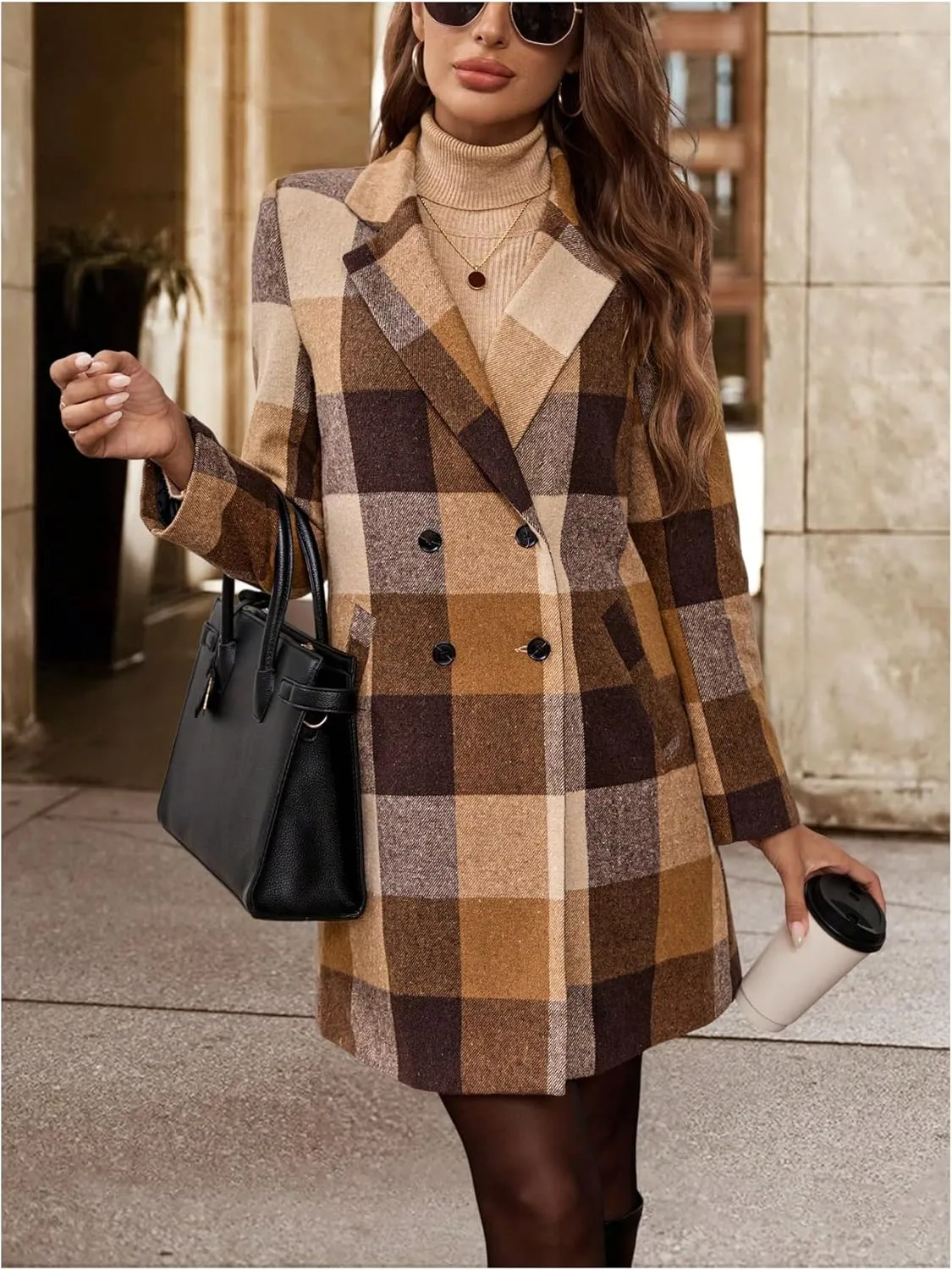 SOLY HUX Women's Plaid Jacket Lapel Double Breasted Long Sleeve Casual Coat with Pockets