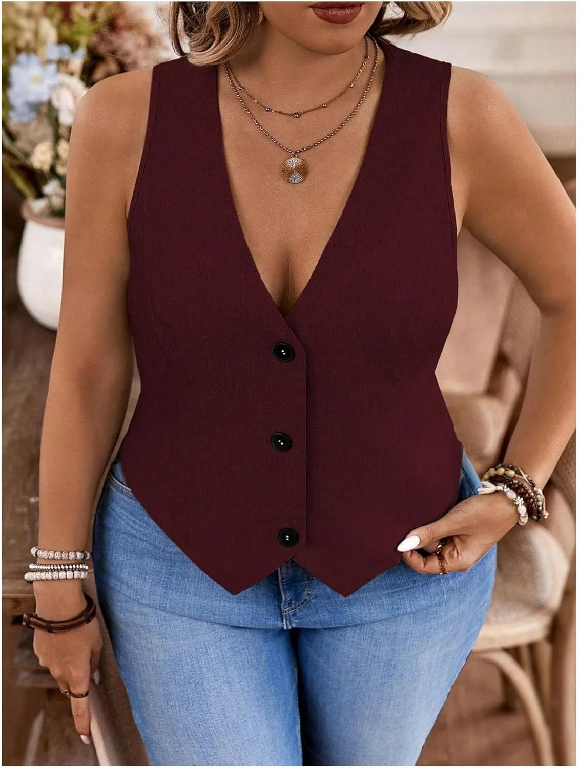 SOLY HUX Women's Plus Size Button Up Suit Vest Blazer V Neck Sleeveless Waistcoat