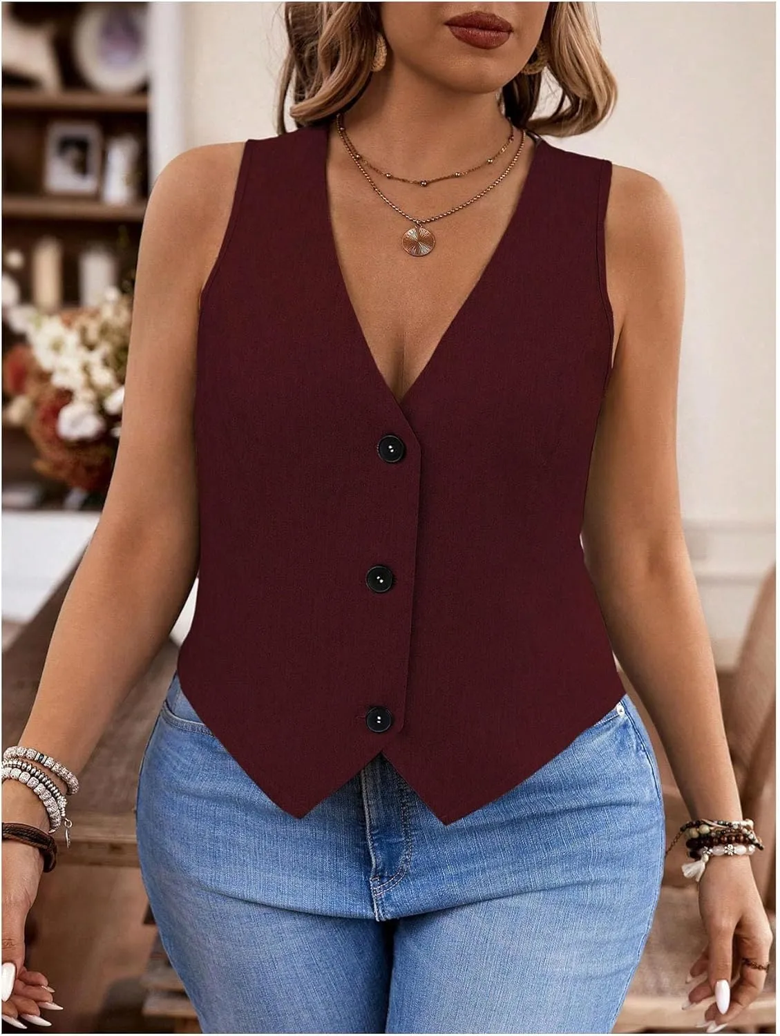 SOLY HUX Women's Plus Size Button Up Suit Vest Blazer V Neck Sleeveless Waistcoat