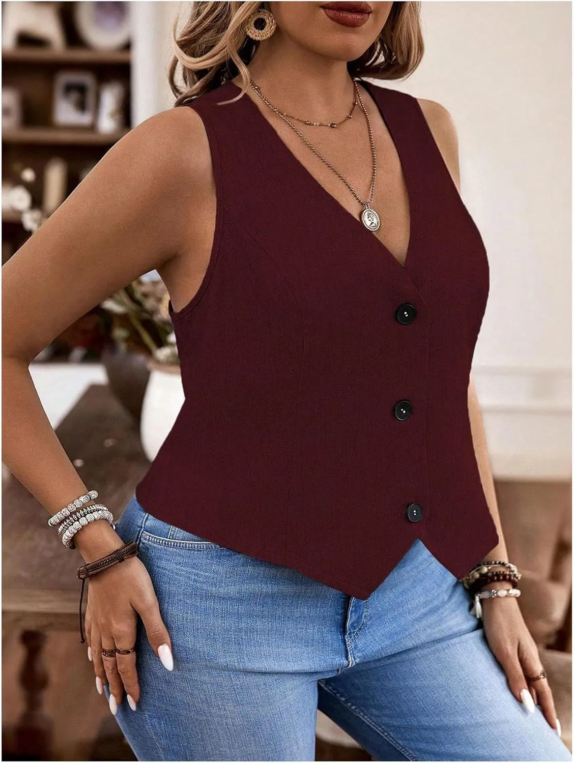 SOLY HUX Women's Plus Size Button Up Suit Vest Blazer V Neck Sleeveless Waistcoat
