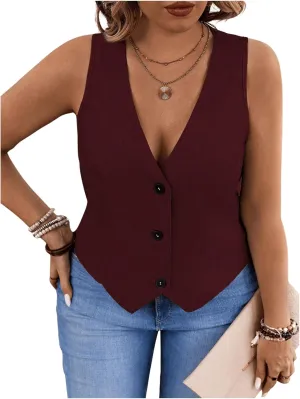SOLY HUX Women's Plus Size Button Up Suit Vest Blazer V Neck Sleeveless Waistcoat