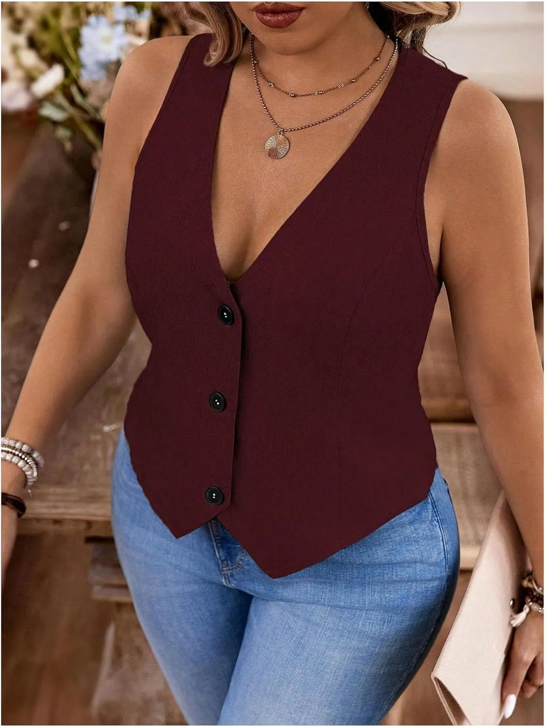 SOLY HUX Women's Plus Size Button Up Suit Vest Blazer V Neck Sleeveless Waistcoat