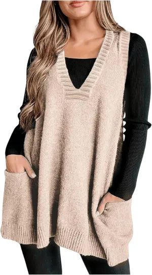 SOLY HUX Women's Plus Size Sweater Vest V Neck Sleeveless Loose Fit Knit Pullover Tank Tops with Pockets