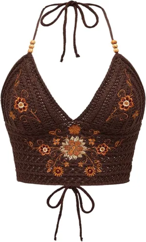 SOLY HUX Women's Plus Size Vintage Floral Deep V Neck Knit Halter Crop Tops Boho Camisole Vacation Outfits