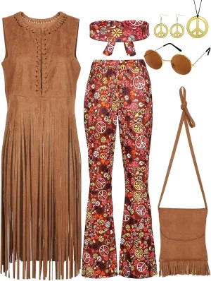 SOMSOC 7 Pieces 70s Women Hippie Costume Fringe Vest Bag Pant Headband for Halloween