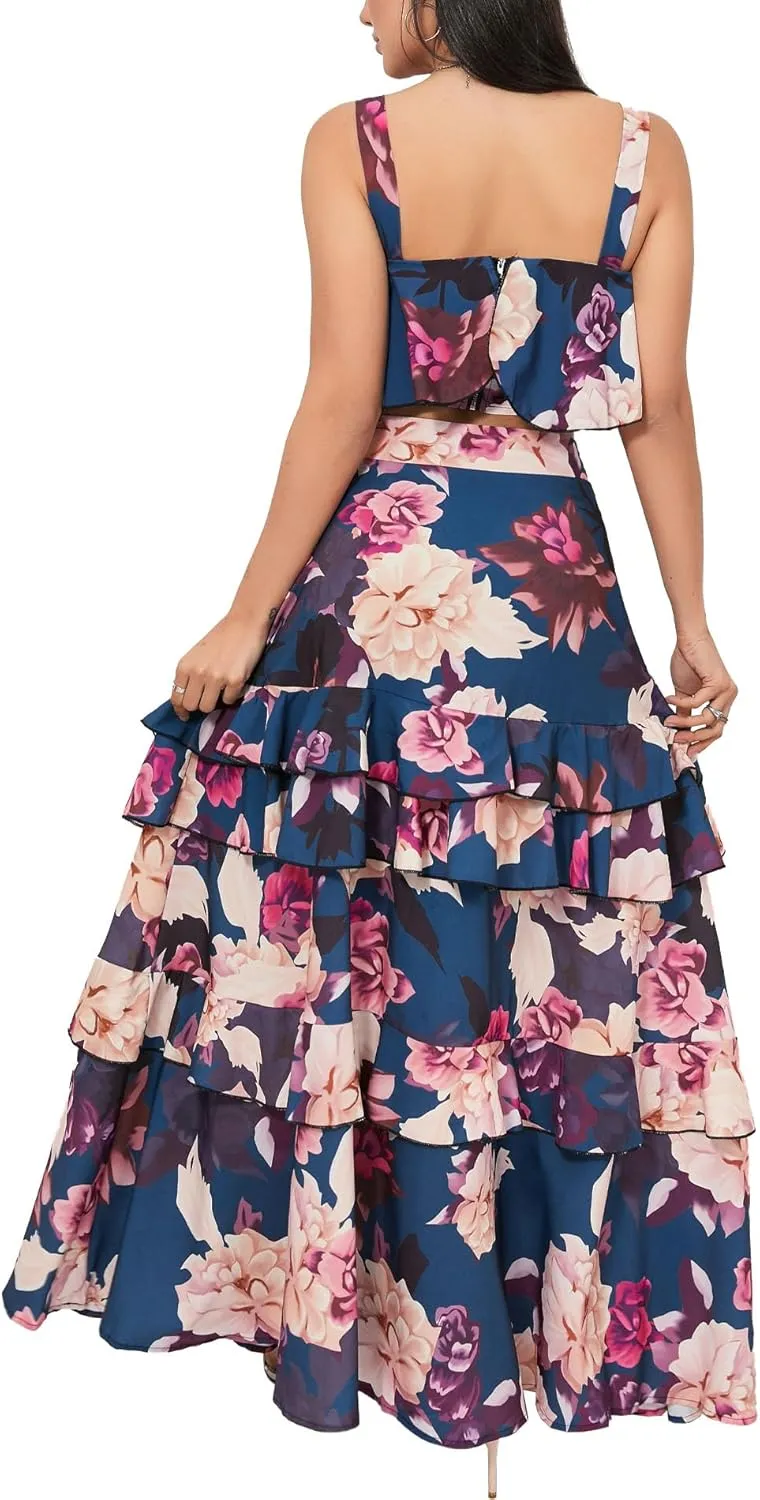 SOMTHRON Women's Summer 2 Piece Outfits Floral Print Strap Crop Tops Tiered Ruffle Skirt Sets Maxi Long Dress