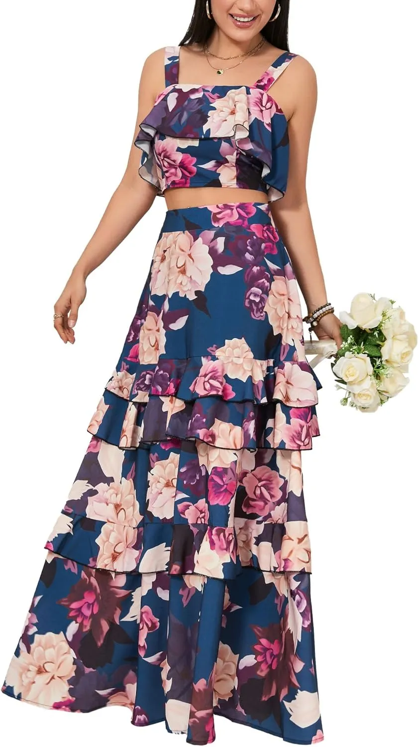 SOMTHRON Women's Summer 2 Piece Outfits Floral Print Strap Crop Tops Tiered Ruffle Skirt Sets Maxi Long Dress