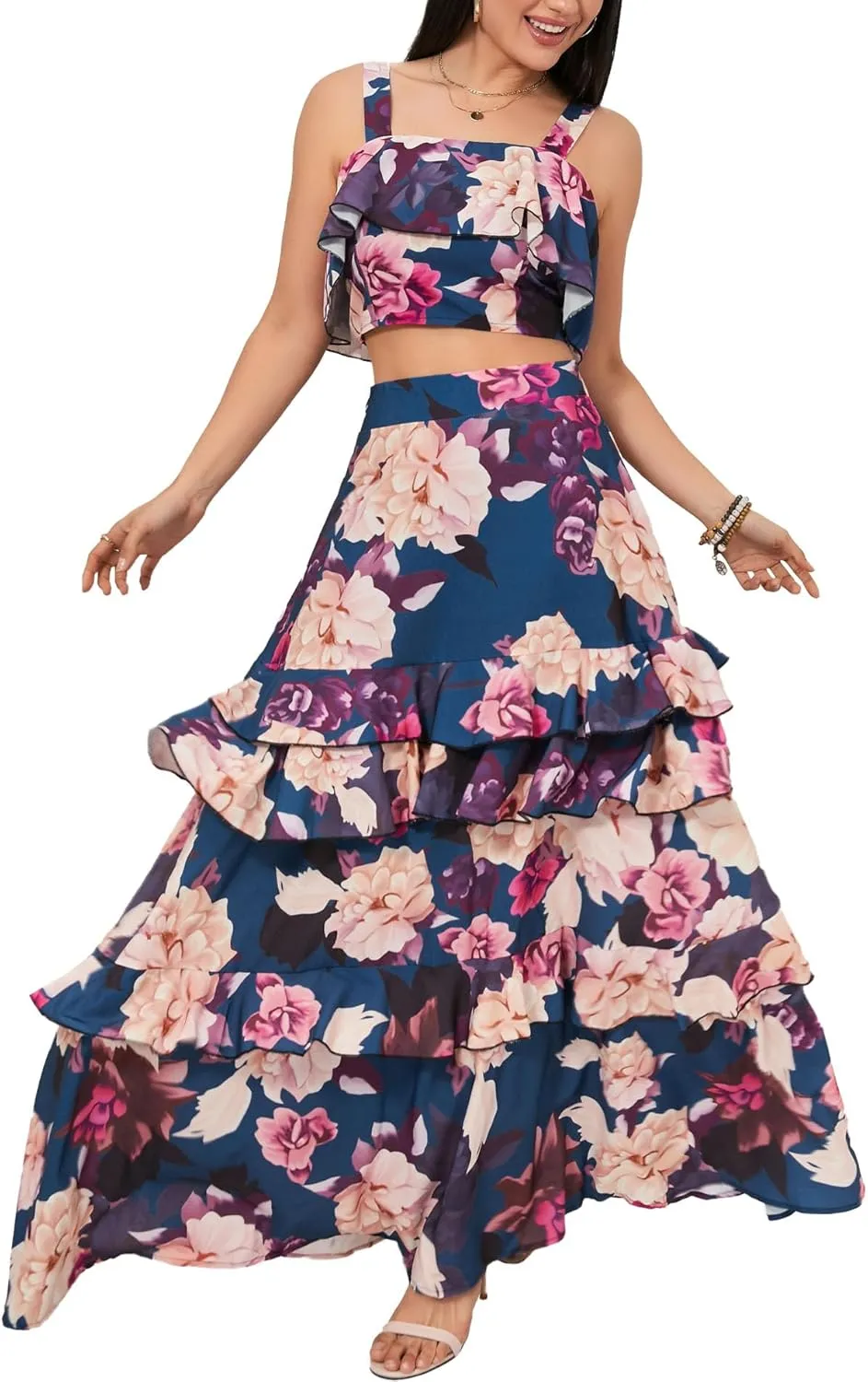 SOMTHRON Women's Summer 2 Piece Outfits Floral Print Strap Crop Tops Tiered Ruffle Skirt Sets Maxi Long Dress