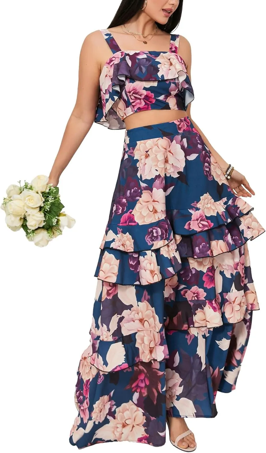 SOMTHRON Women's Summer 2 Piece Outfits Floral Print Strap Crop Tops Tiered Ruffle Skirt Sets Maxi Long Dress