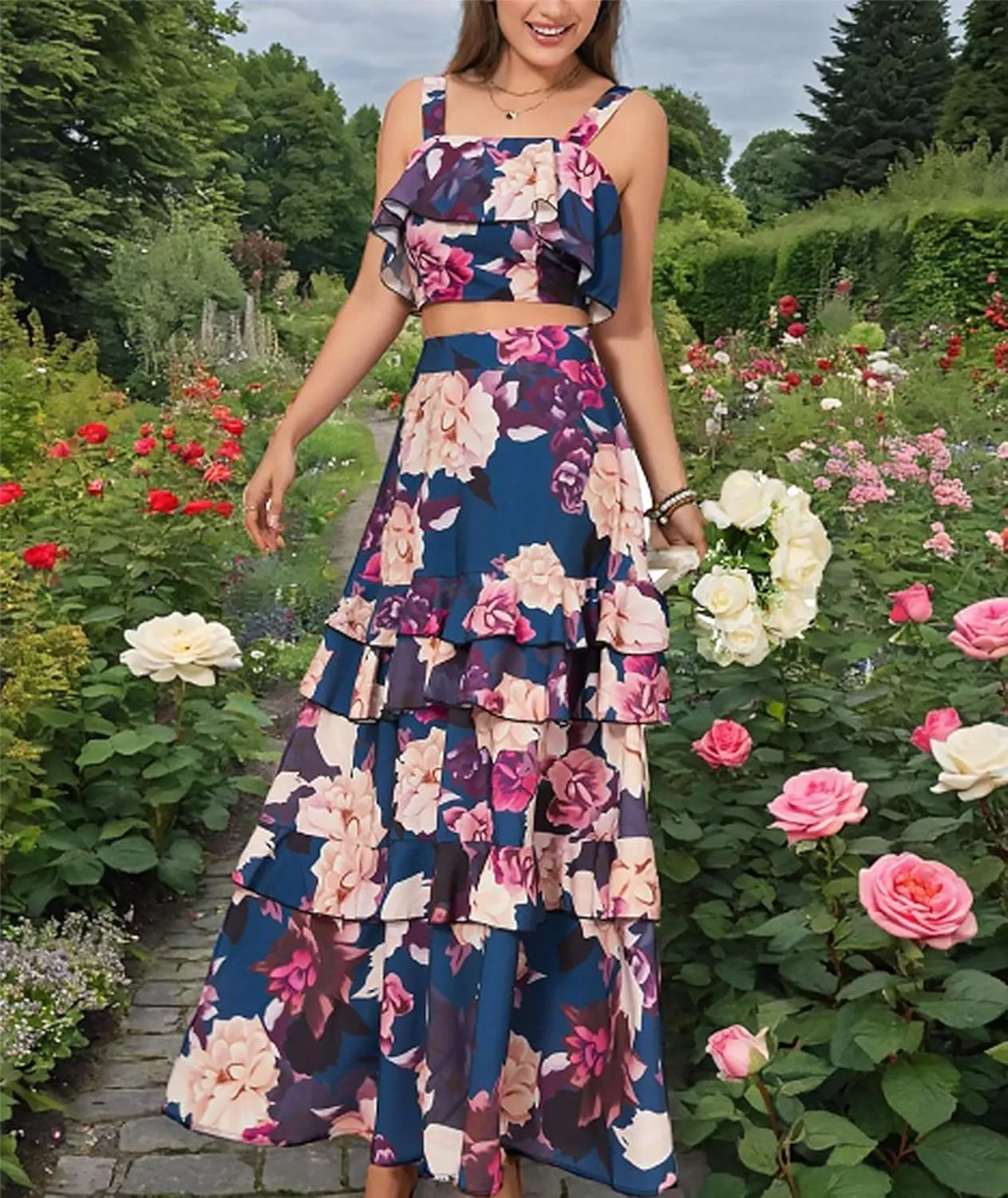 SOMTHRON Women's Summer 2 Piece Outfits Floral Print Strap Crop Tops Tiered Ruffle Skirt Sets Maxi Long Dress