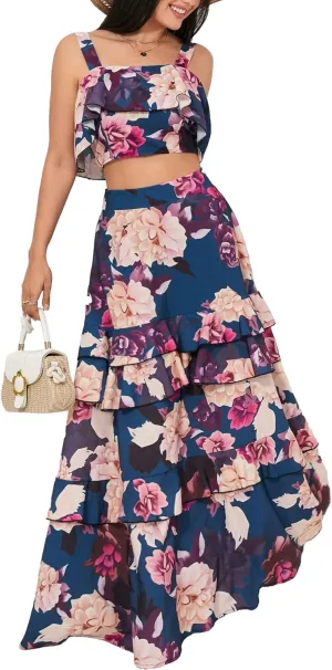 SOMTHRON Women's Summer 2 Piece Outfits Floral Print Strap Crop Tops Tiered Ruffle Skirt Sets Maxi Long Dress