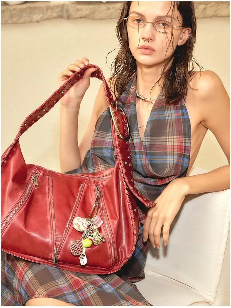 Studded Purse Y2k Hobo Bag Vegan Leather Bag Red Purse Large Tote Bag for Women Streetwear 2000s Purse