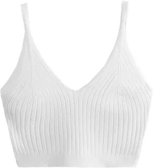SweatyRocks Women's V Neck Crop Cami Top Ribbed Knit Spaghetti Strap Sleeveless Vest