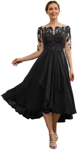 Tea Length Mother of The Bride Dresses for Wedding Lace Applique Half Sleeve Chiffon Formal Evening Party Gown